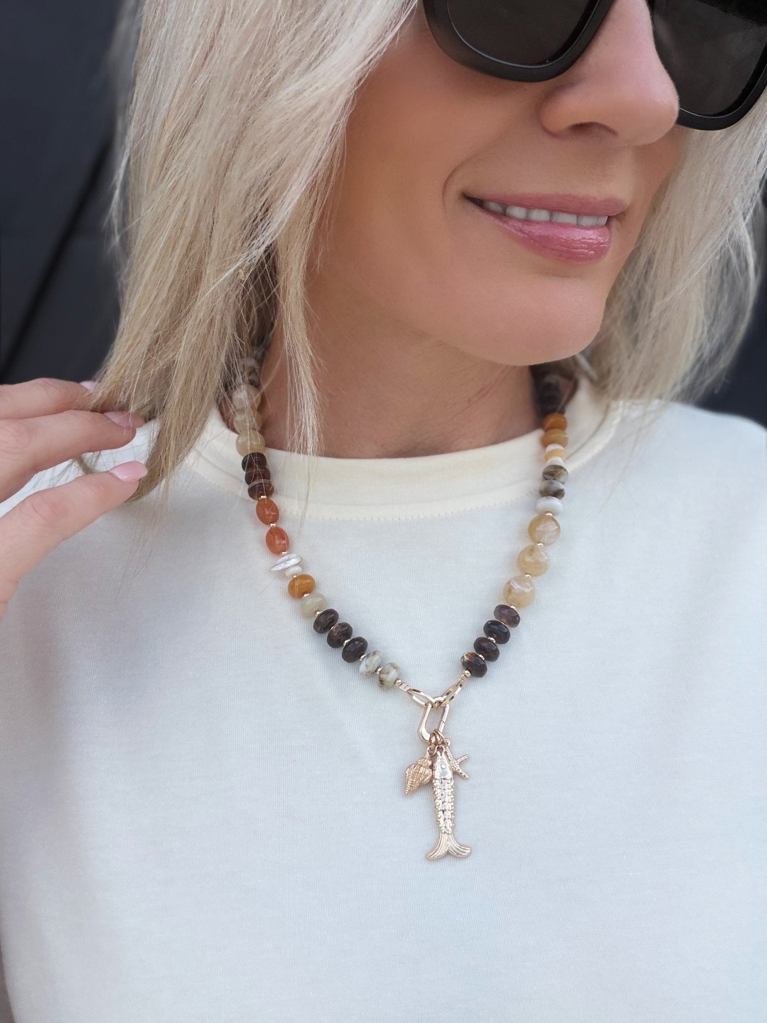 Stone beaded Necklace with Fish and Shell Charms - Infinity Raine