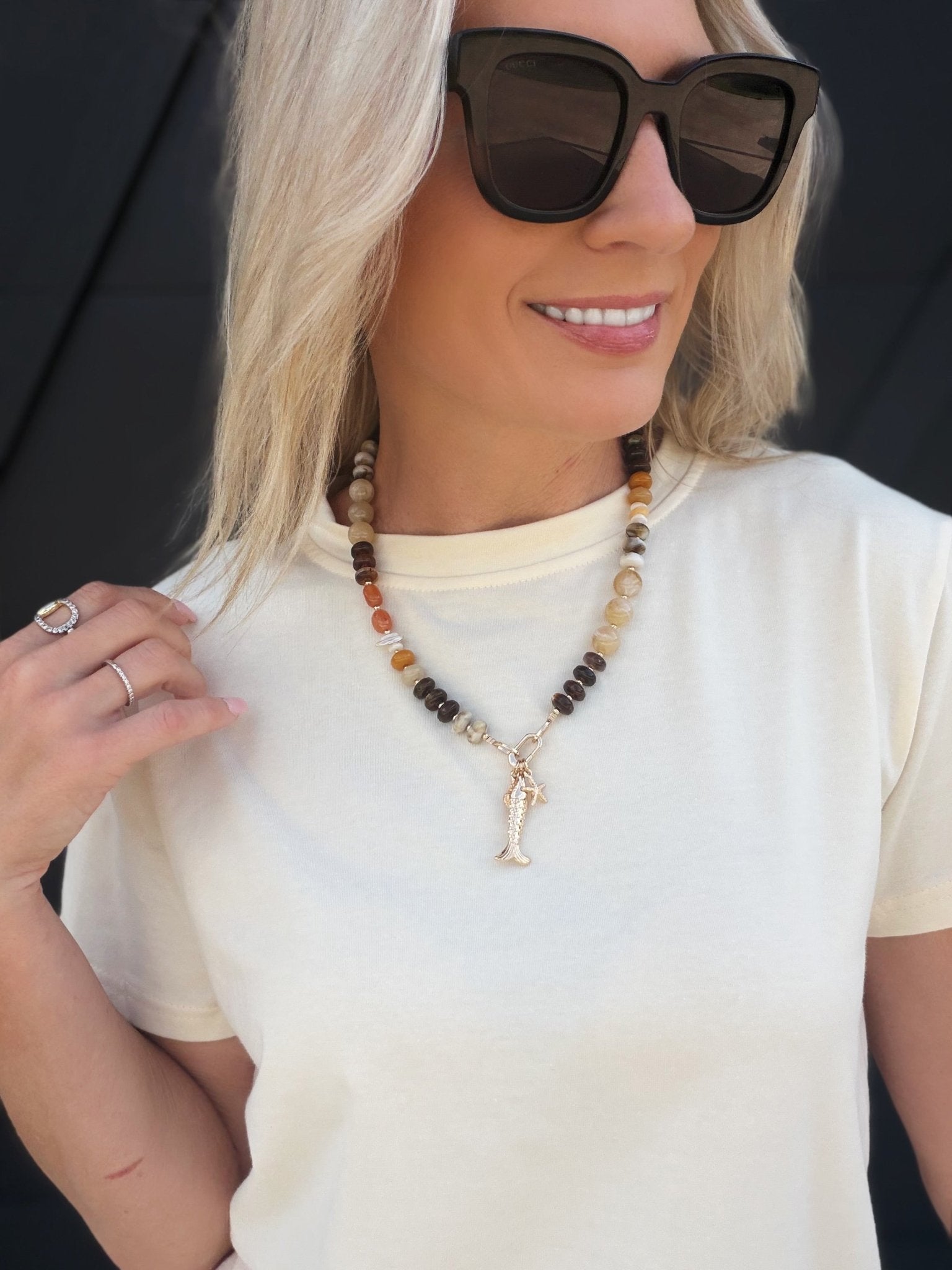 Stone beaded Necklace with Fish and Shell Charms - Infinity Raine