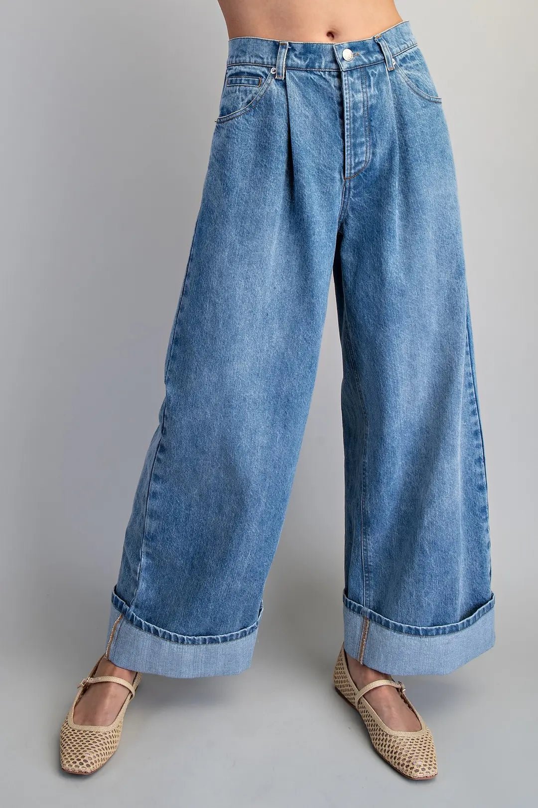Stone Washed Cinch Back Jeans In Denim - Infinity Raine