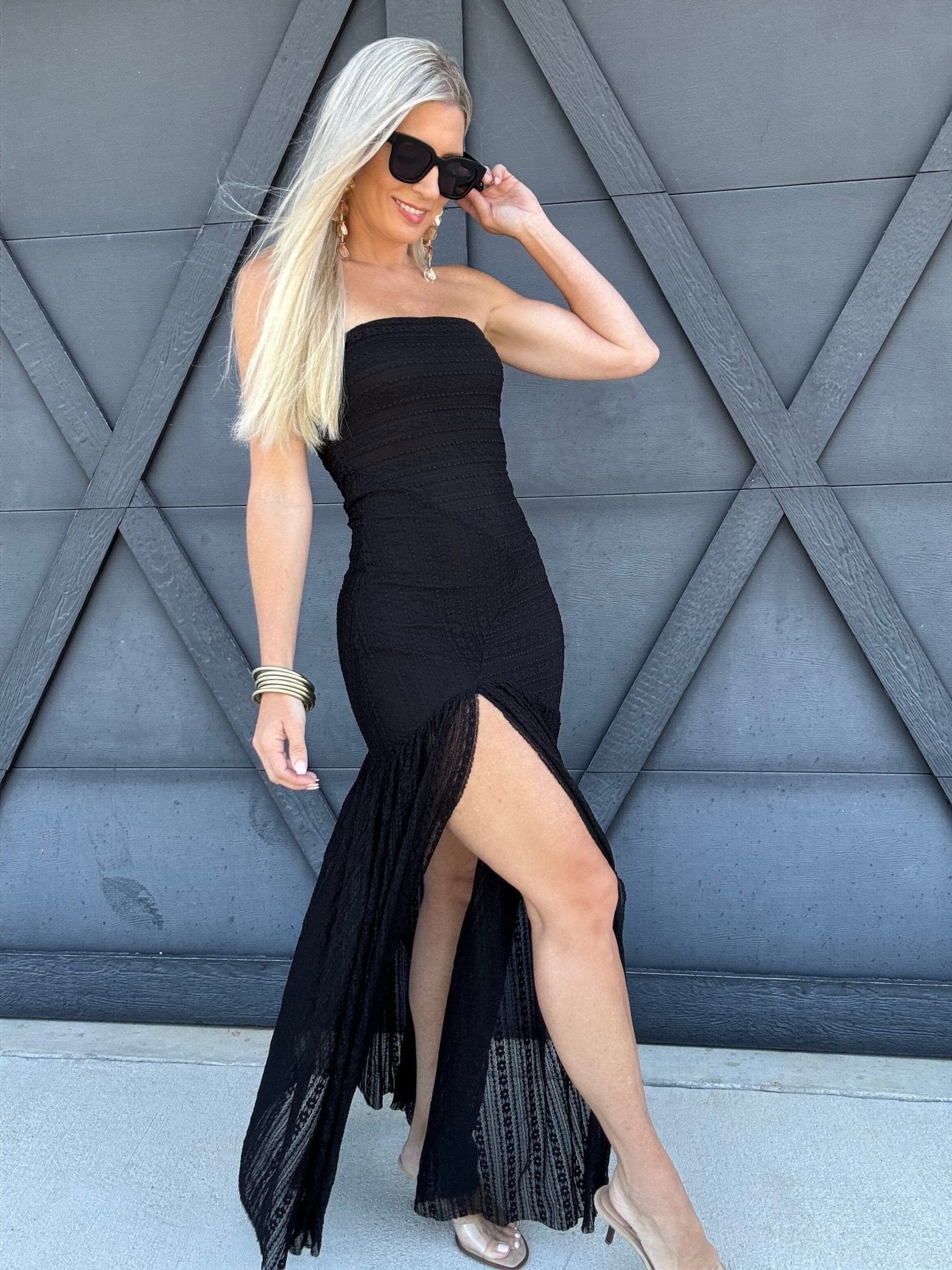 Strapless Drop Waist Lace Dress In Black - Infinity Raine