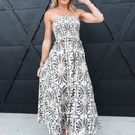 Strapless Ruffle Trim Smocked Bodice A-Line Midi Dress - Infinity Raine