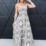 Strapless Ruffle Trim Smocked Bodice A-Line Midi Dress - Infinity Raine