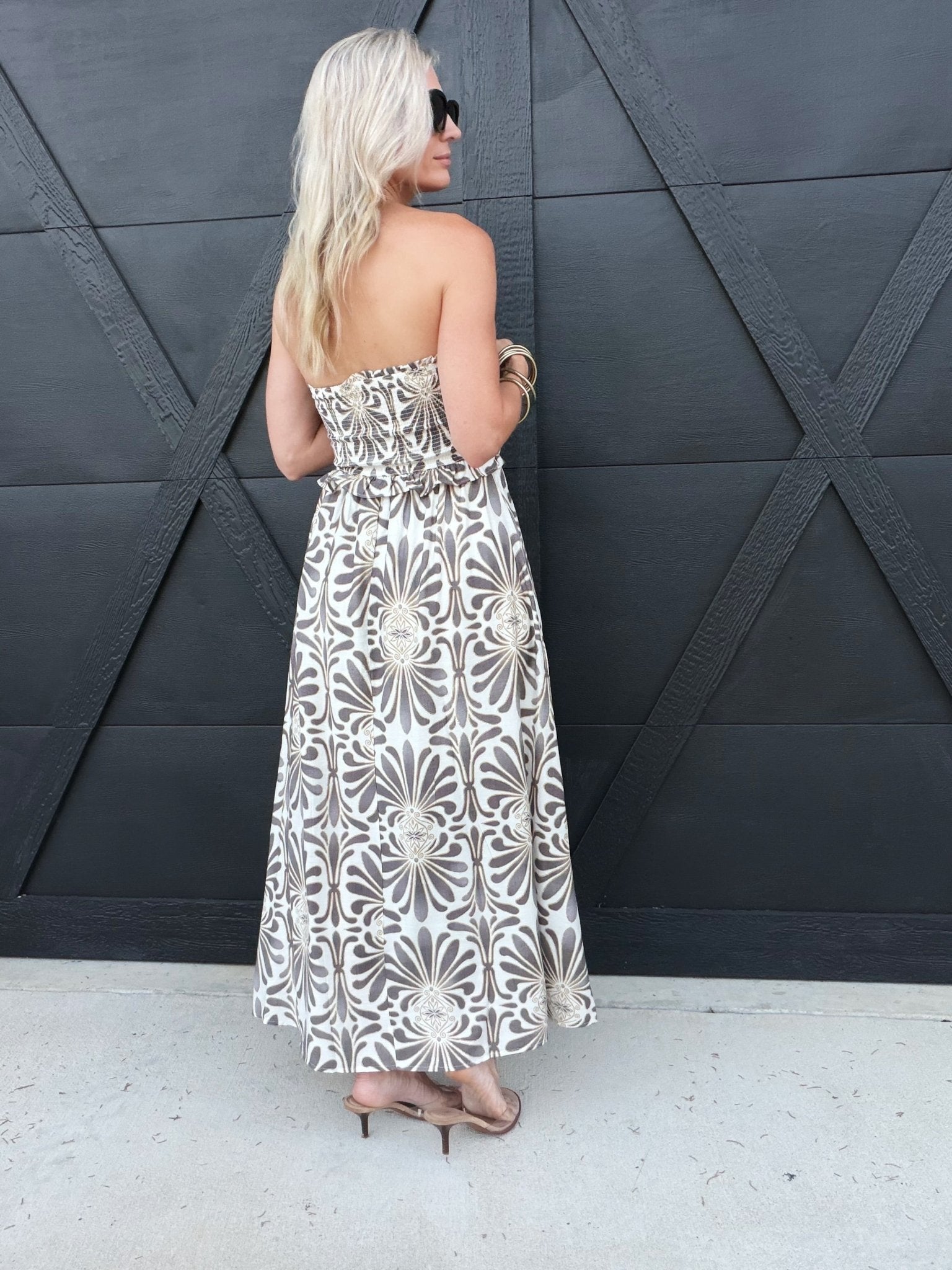 Strapless Ruffle Trim Smocked Bodice A-Line Midi Dress - Infinity Raine