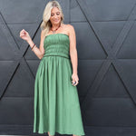 Strapless Shirred Side Tie Detail Midi Dress – Green - Infinity Raine