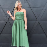 Strapless Shirred Side Tie Detail Midi Dress – Green - Infinity Raine