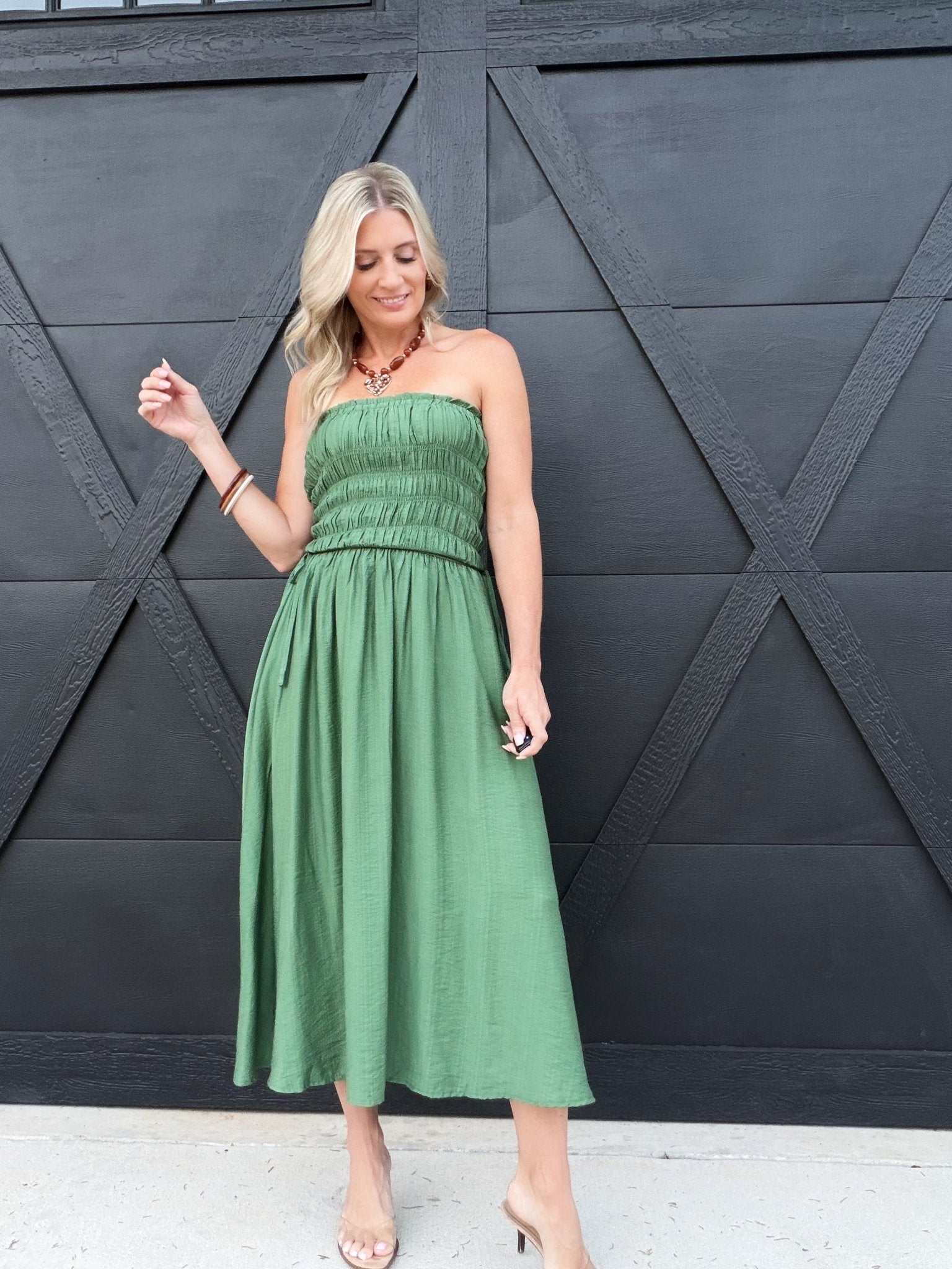 Strapless Shirred Side Tie Detail Midi Dress – Green - Infinity Raine