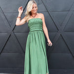 Strapless Shirred Side Tie Detail Midi Dress – Green - Infinity Raine
