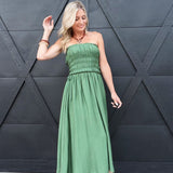 Strapless Shirred Side Tie Detail Midi Dress – Green - Infinity Raine