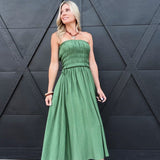 Strapless Shirred Side Tie Detail Midi Dress – Green - Infinity Raine