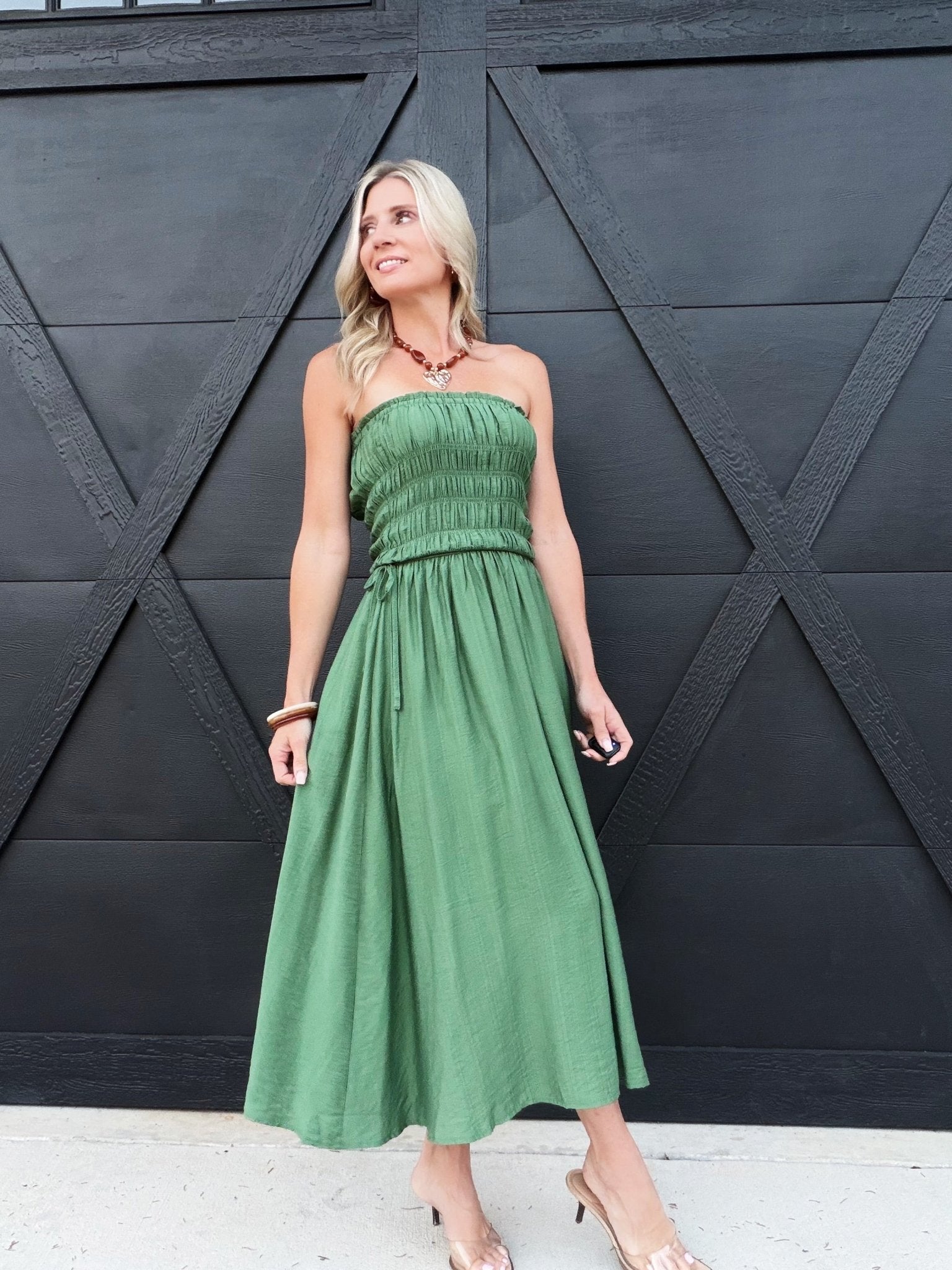 Strapless Shirred Side Tie Detail Midi Dress – Green - Infinity Raine