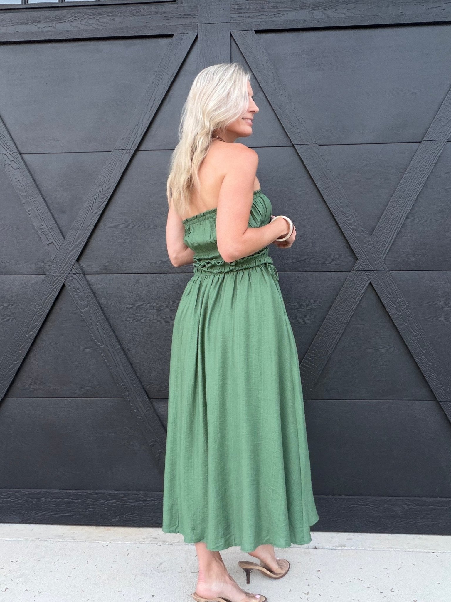 Strapless Shirred Side Tie Detail Midi Dress – Green - Infinity Raine