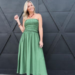 Strapless Shirred Side Tie Detail Midi Dress – Green - Infinity Raine