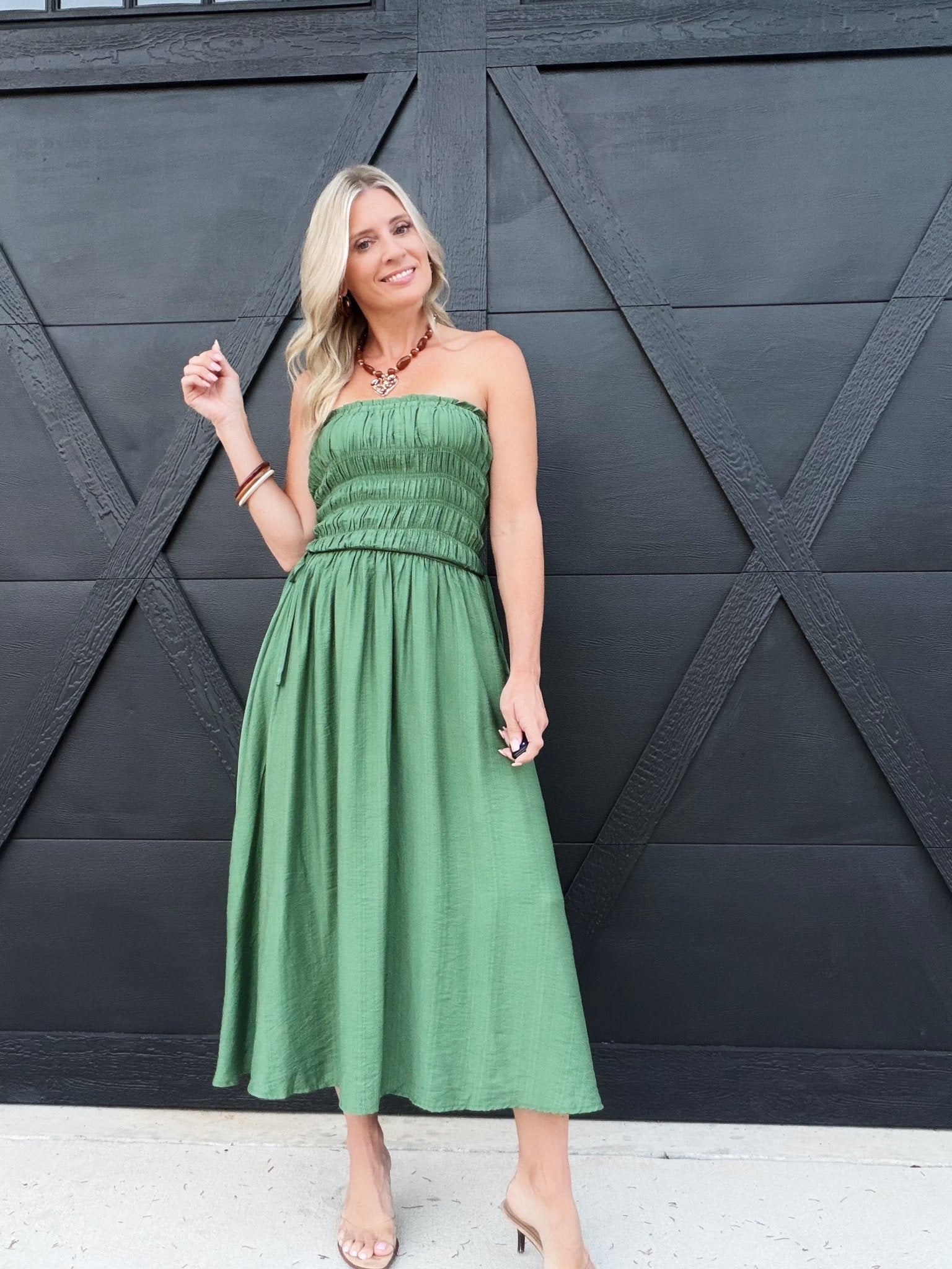 Strapless Shirred Side Tie Detail Midi Dress – Green - Infinity Raine