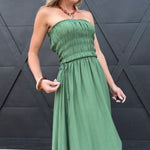 Strapless Shirred Side Tie Detail Midi Dress – Green - Infinity Raine