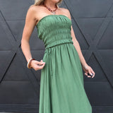 Strapless Shirred Side Tie Detail Midi Dress – Green - Infinity Raine