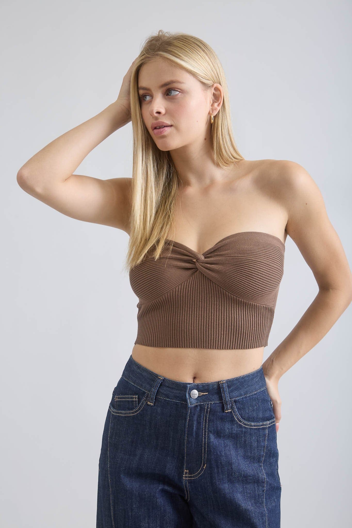 Strapless Twist Front Knit Crop Top In Brown - Infinity Raine