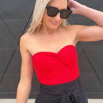 Strapless Twist Front Knit Crop Top In Red - Infinity Raine