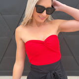 Strapless Twist Front Knit Crop Top In Red - Infinity Raine