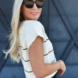 Stripe Button Down Sweater Top In Cream - Infinity Raine