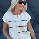 Stripe Button Down Sweater Top In Cream - Infinity Raine