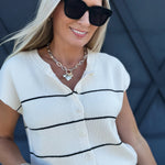 Stripe Button Down Sweater Top In Cream - Infinity Raine