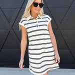 Stripe Collared Short Sleeve Mini Shirt Dress In Black - Infinity Raine