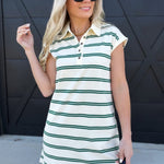 Stripe Collared Short Sleeve Mini Shirt Dress In Green - Infinity Raine
