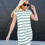 Stripe Collared Short Sleeve Mini Shirt Dress In Green - Infinity Raine