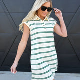 Stripe Collared Short Sleeve Mini Shirt Dress In Green - Infinity Raine