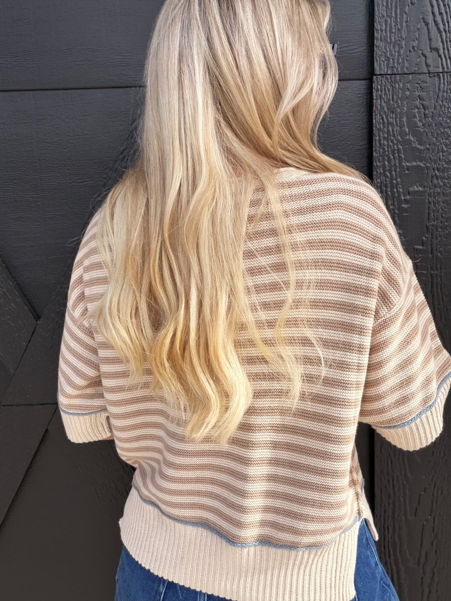 Stripe Contrast Trim Sweater in Tan - Infinity Raine