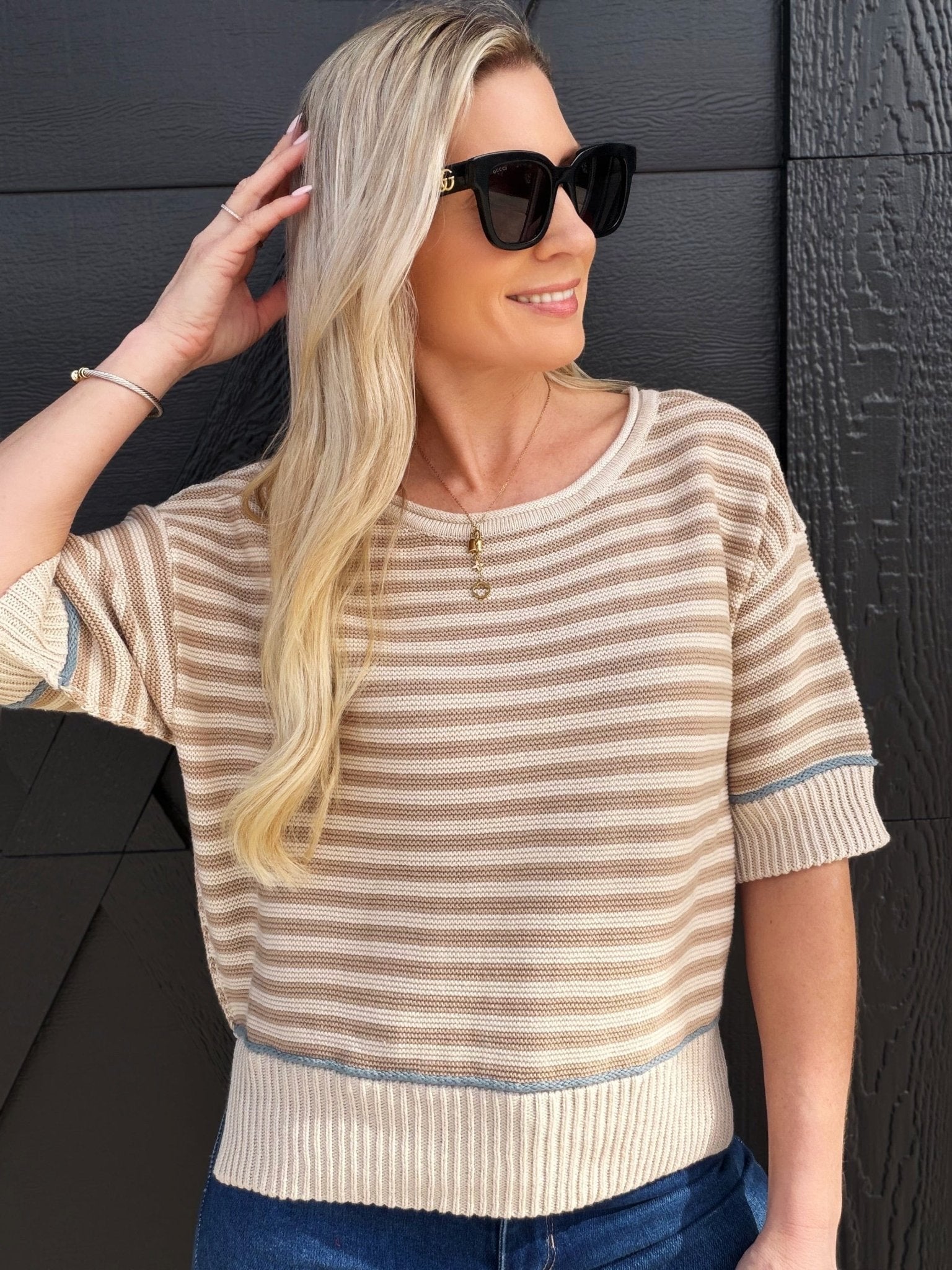 Stripe Contrast Trim Sweater in Tan - Infinity Raine
