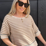 Stripe Contrast Trim Sweater in Tan - Infinity Raine