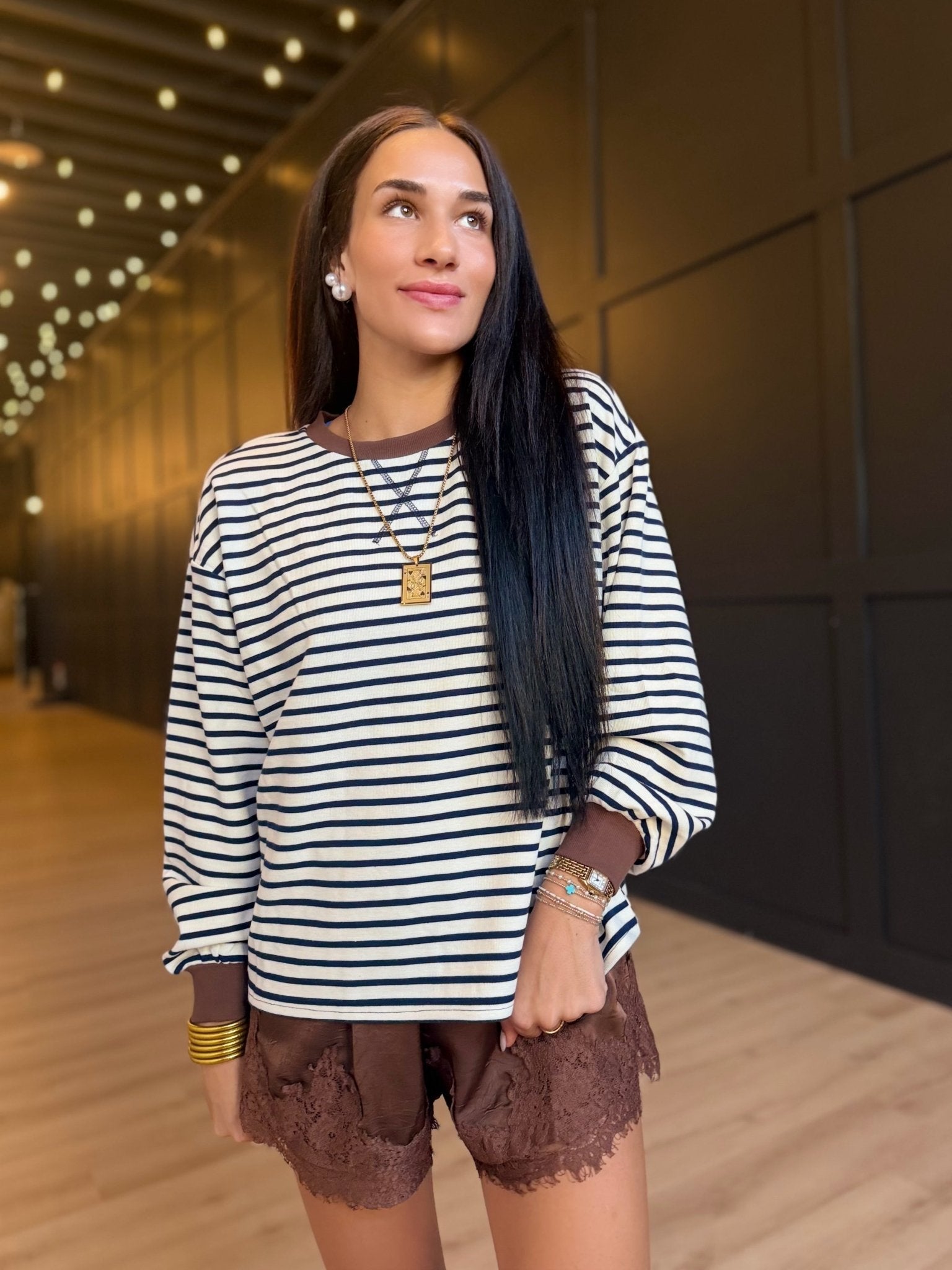 Stripe Crew Neck v Stitch Long Sleeve Knit Top In Navy - Infinity Raine