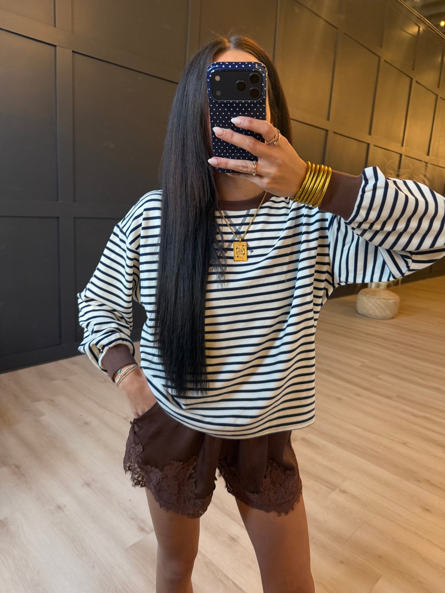 Stripe Crew Neck v Stitch Long Sleeve Knit Top In Navy - Infinity Raine