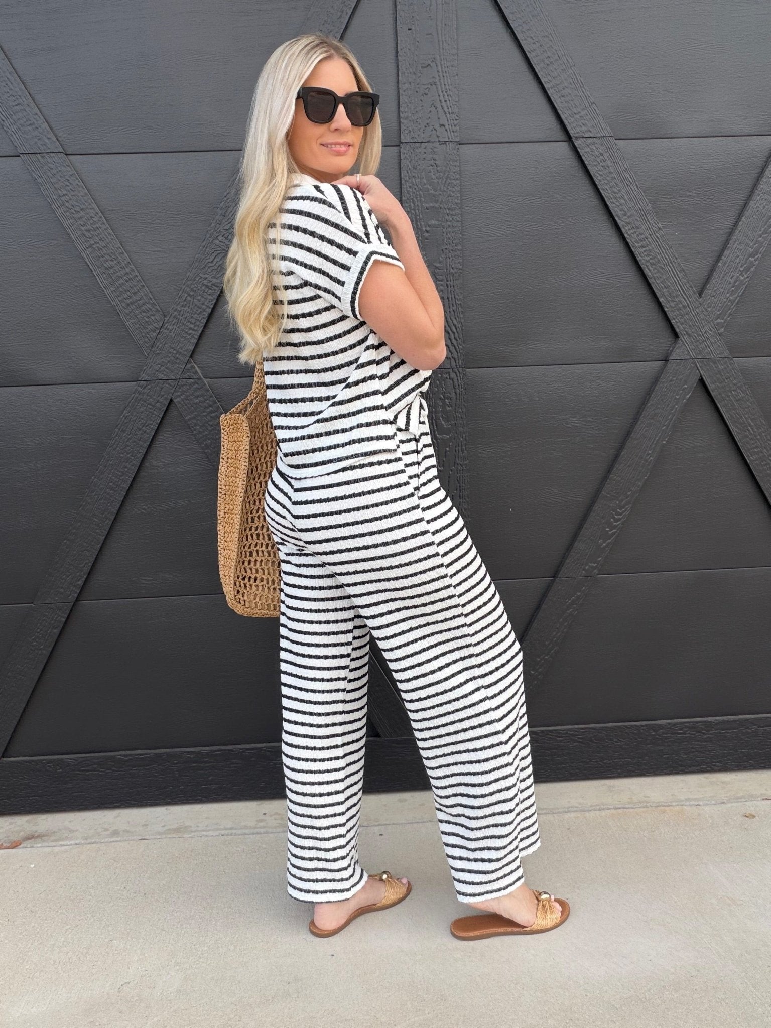 Stripe Drawstring Scrunch Knit Pants In Black - Infinity Raine
