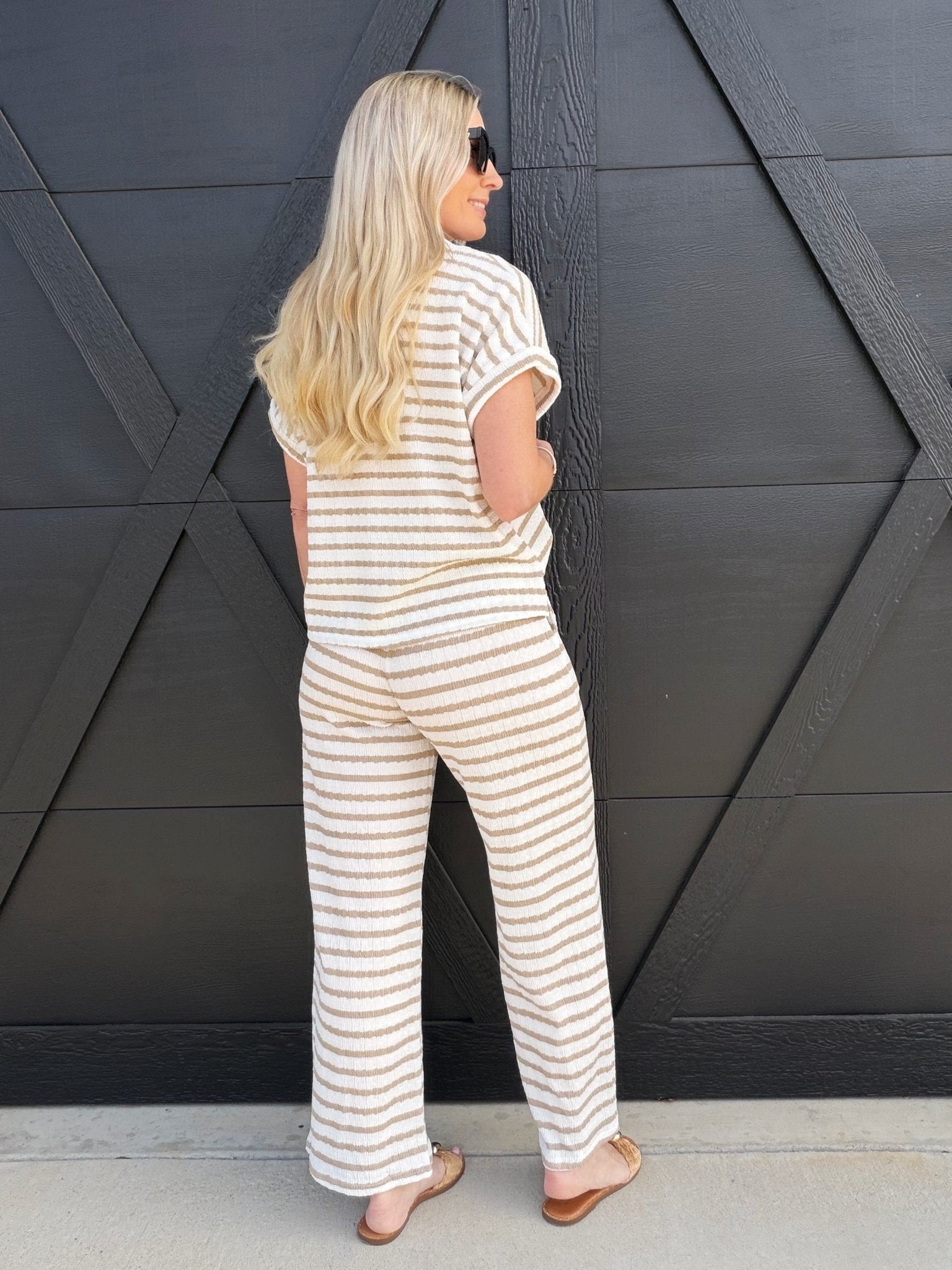Stripe Drawstring Scrunch Knit Pants In Khaki - Infinity Raine