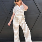 Stripe Drawstring Scrunch Knit Pants In Khaki - Infinity Raine