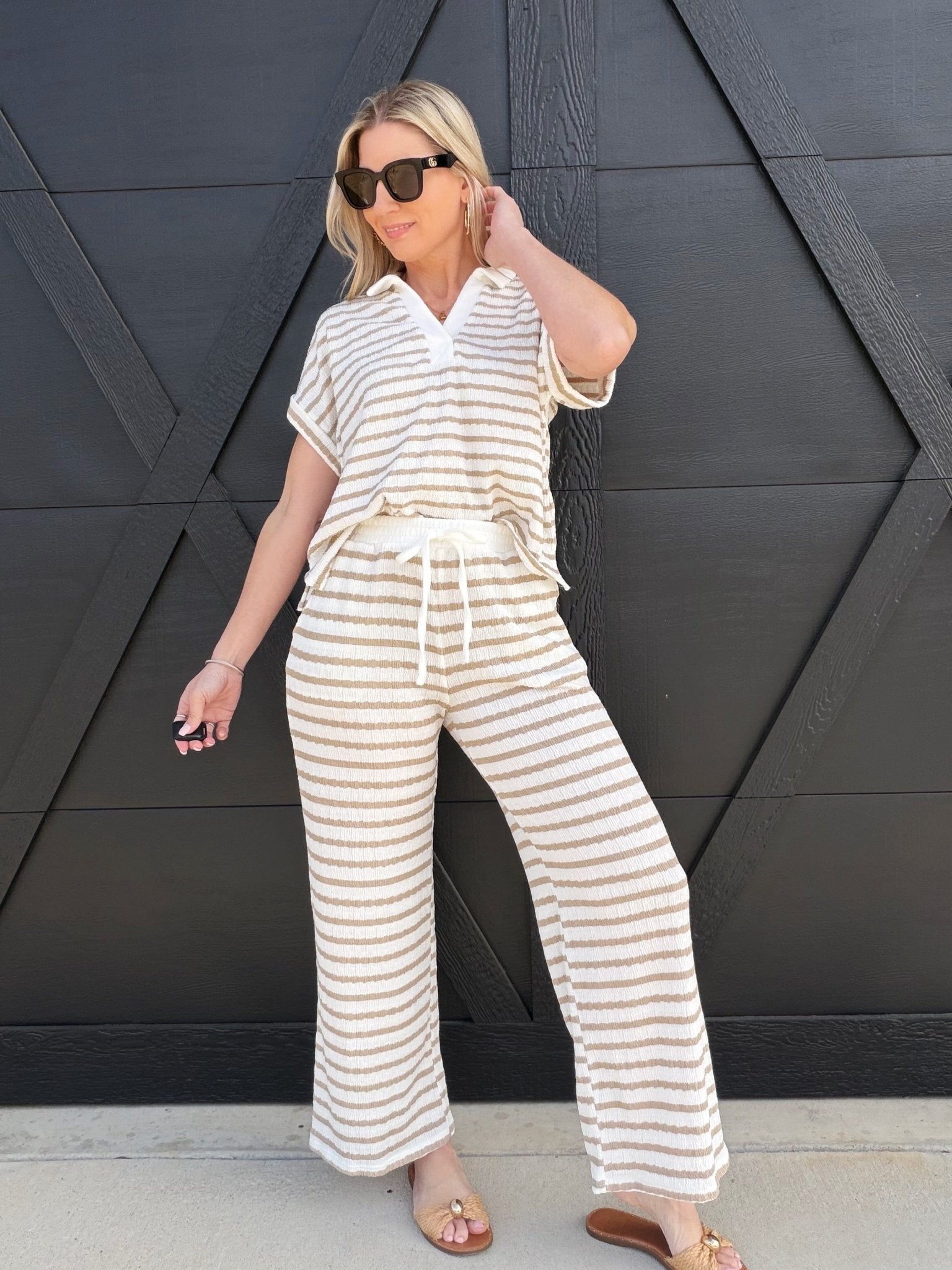 Stripe Drawstring Scrunch Knit Pants In Khaki - Infinity Raine