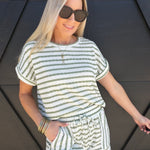 Stripe Drawstring Scrunch Knit Shorts In Olive - Infinity Raine