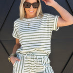 Stripe Drawstring Scrunch Knit Shorts In Olive - Infinity Raine