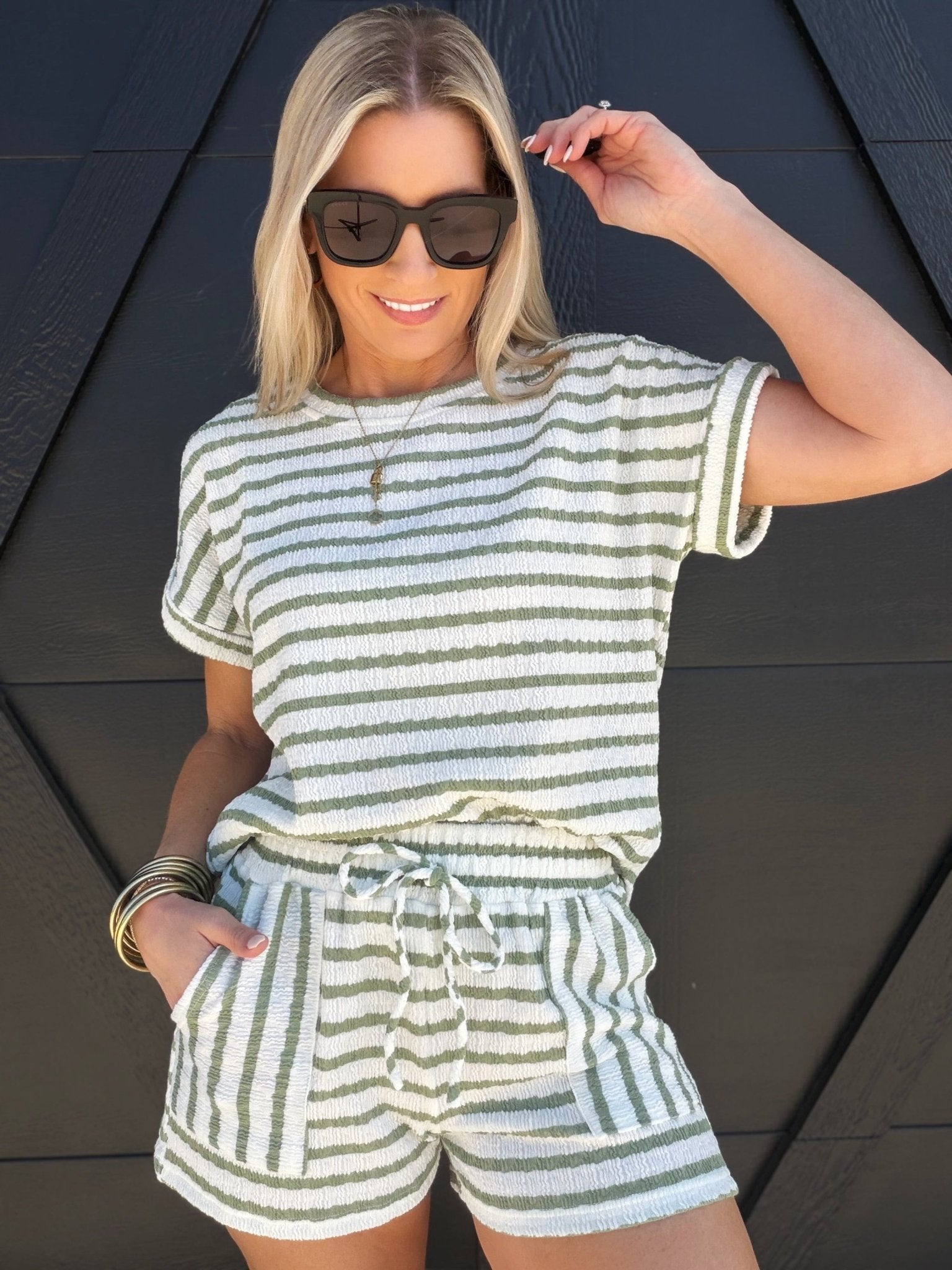 Stripe Drawstring Scrunch Knit Shorts In Olive - Infinity Raine