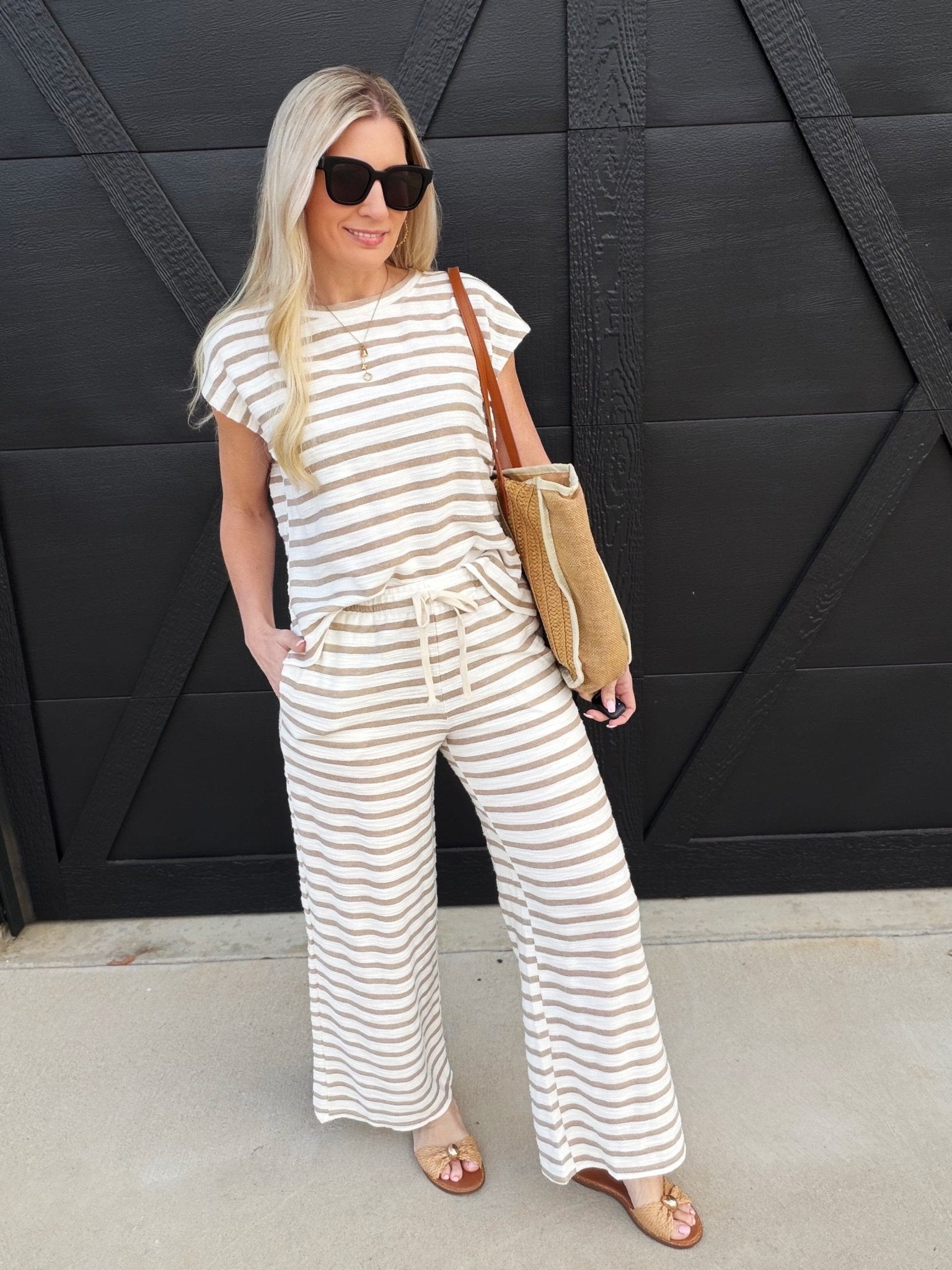 Stripe Drawstring Wide Leg Knit Lounge Pants In Khaki - Infinity Raine