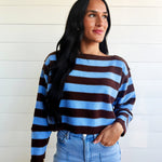 Stripe Exposed Seam Long Sleeve Cropped Sweater In Chocolate Brown - Infinity Raine