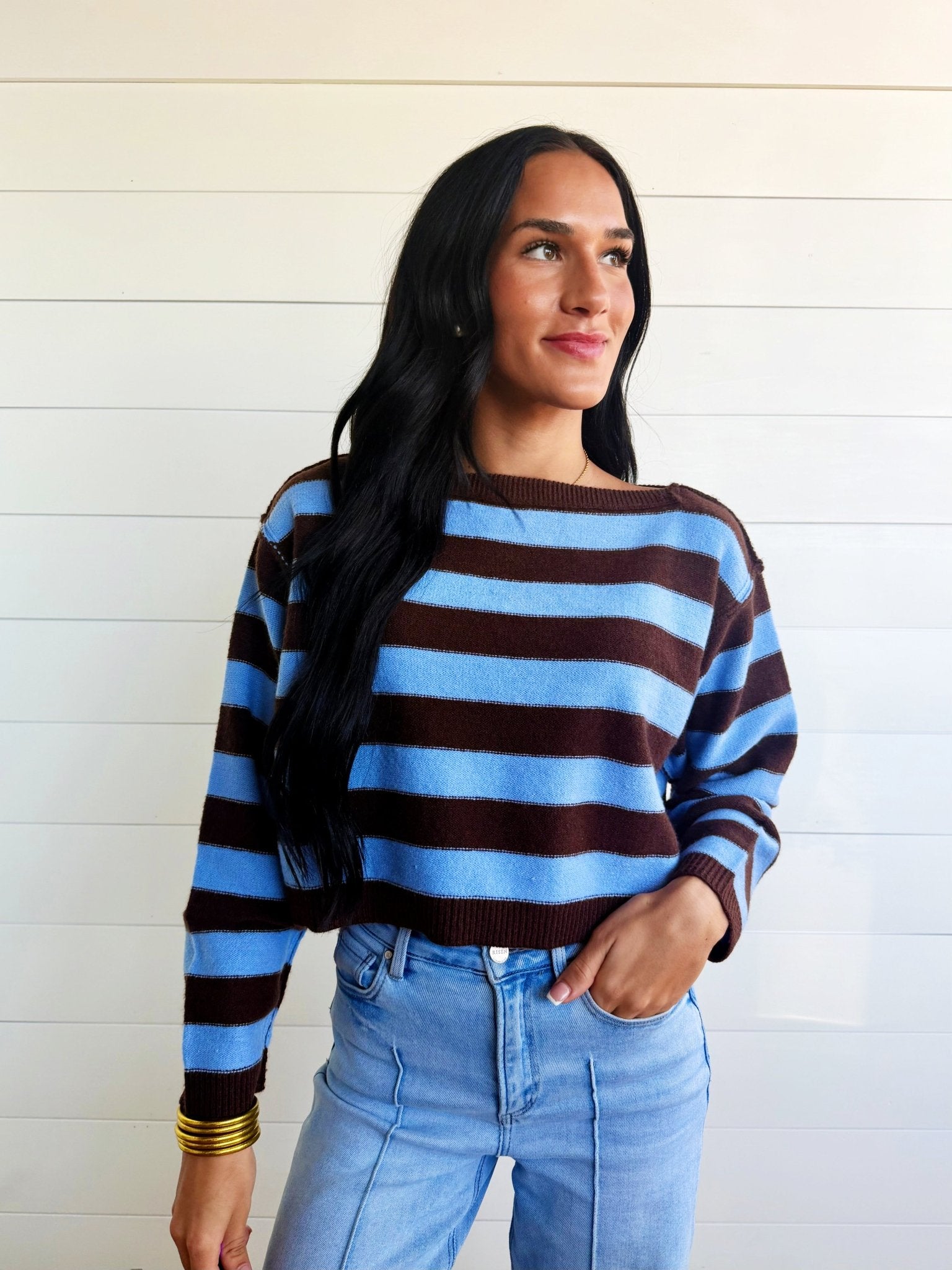 Stripe Exposed Seam Long Sleeve Cropped Sweater In Chocolate Brown - Infinity Raine