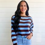Stripe Exposed Seam Long Sleeve Cropped Sweater In Chocolate Brown - Infinity Raine