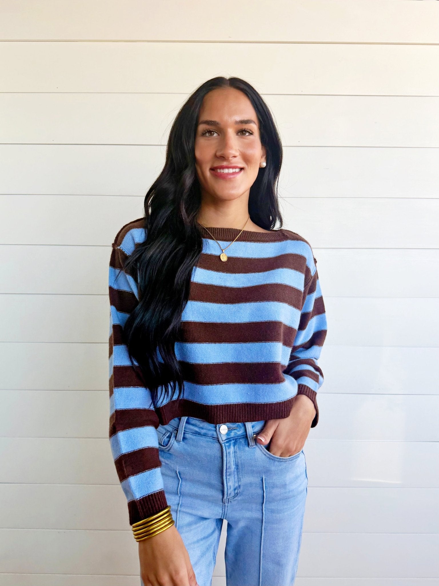 Stripe Exposed Seam Long Sleeve Cropped Sweater In Chocolate Brown - Infinity Raine