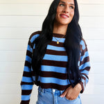Stripe Exposed Seam Long Sleeve Cropped Sweater In Chocolate Brown - Infinity Raine