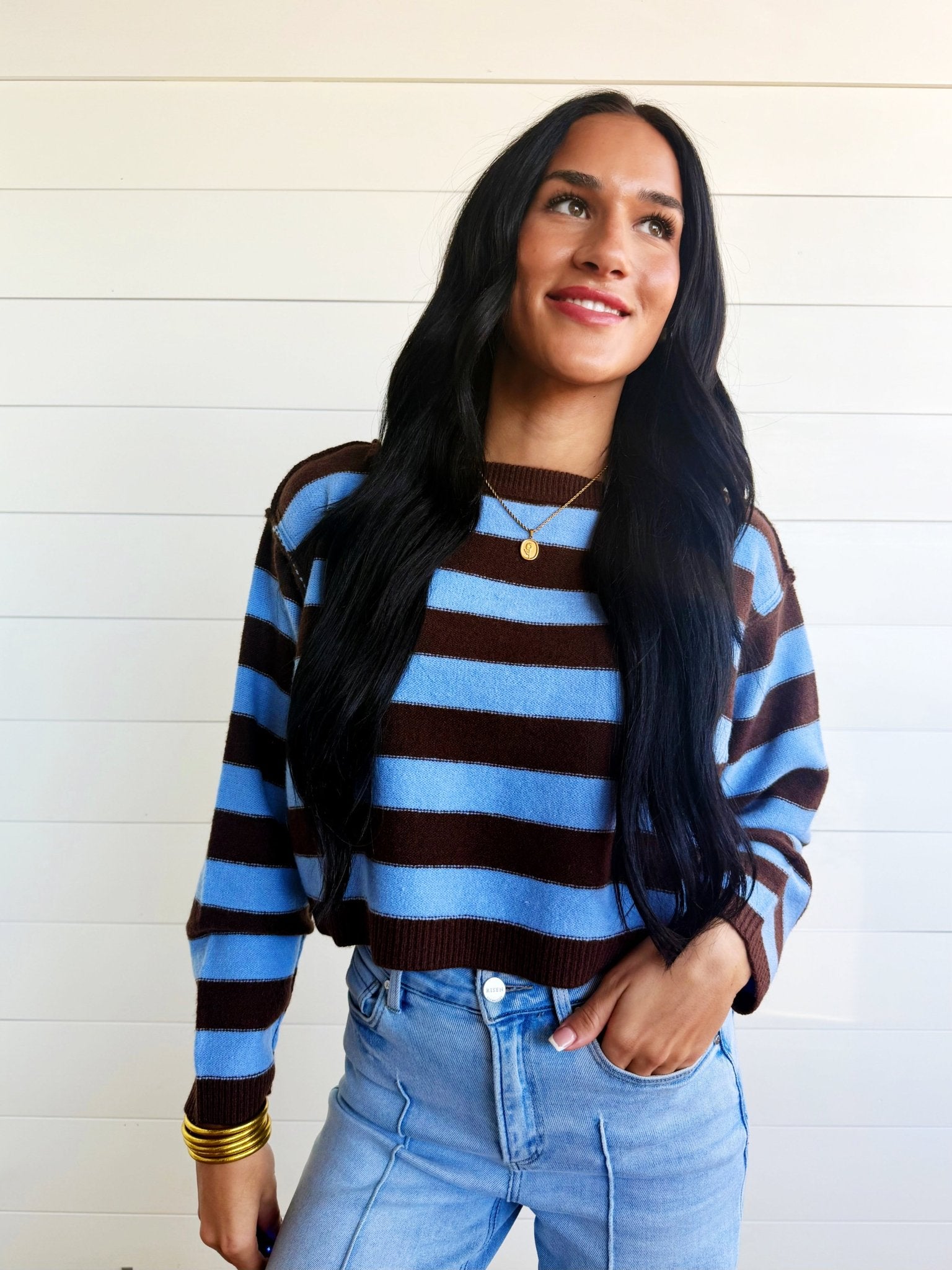 Stripe Exposed Seam Long Sleeve Cropped Sweater In Chocolate Brown - Infinity Raine