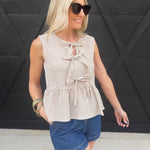 Stripe Front Tie Sleeveless Ruffle Hem Top Mocha - Infinity Raine
