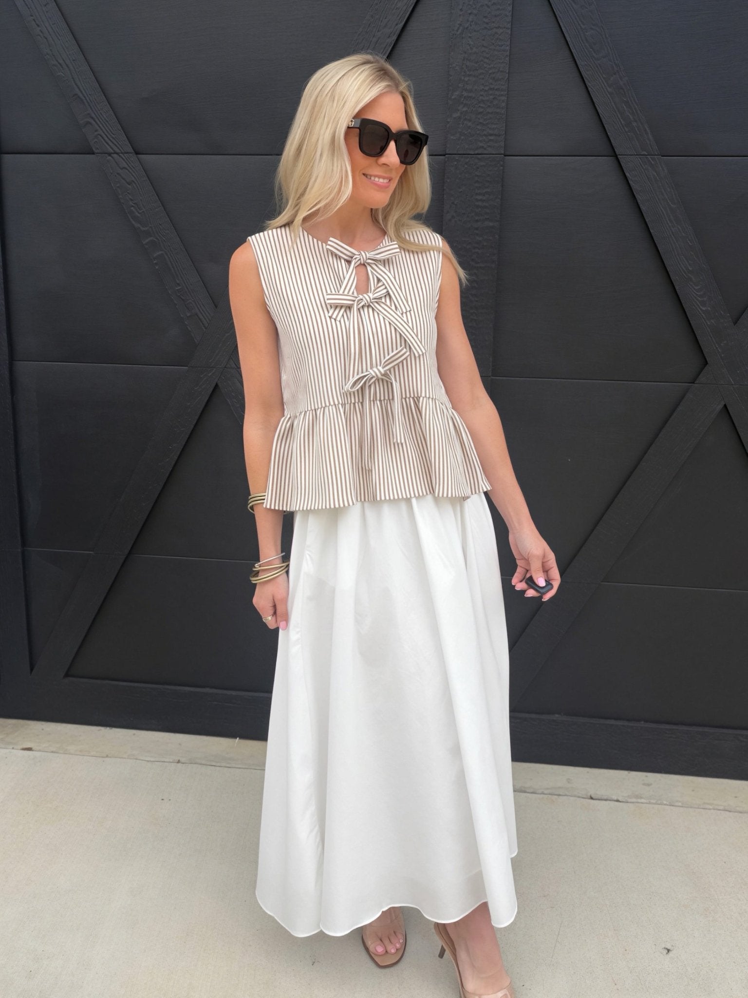 Stripe Front Tie Sleeveless Ruffle Hem Top Mocha - Infinity Raine
